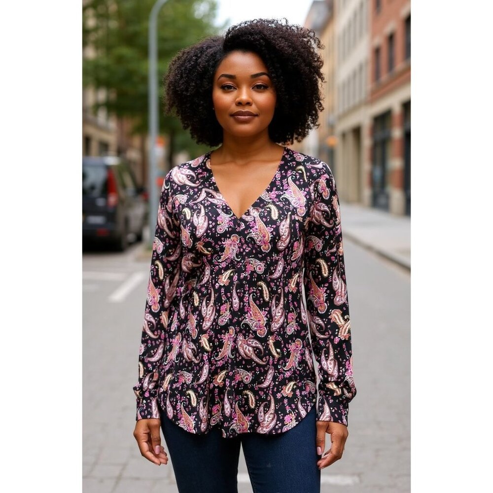 NEW Lane Bryant Womens 14/16 Paisley Print Stretch Blouse Long Sleeve Pink Black